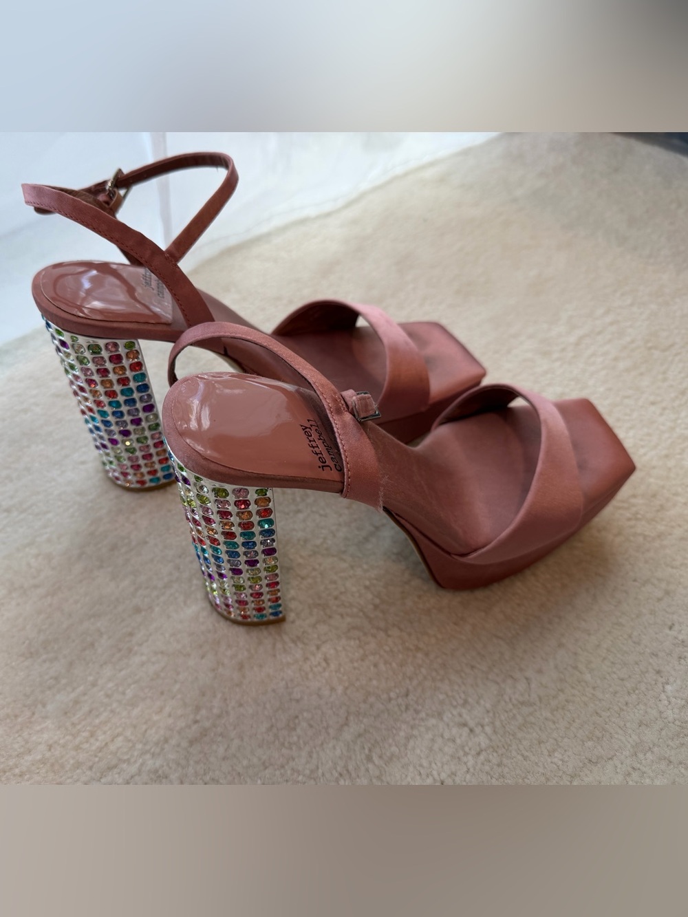 Jeffrey Campbell Pink Satin Multicolor Rhinestone Platform Wedge Heel Sandals - Picture 10 of 13
